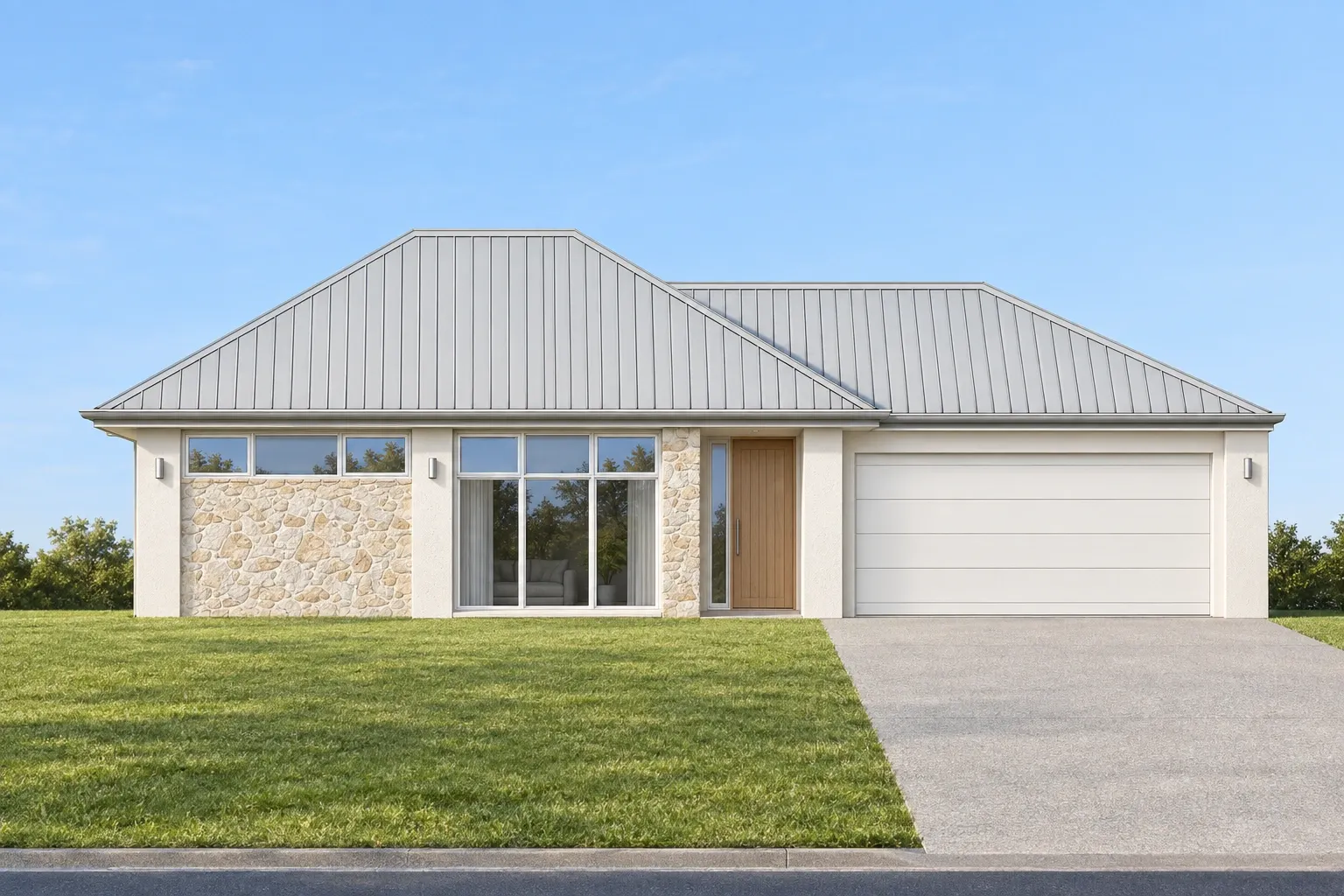 Coastal Light facade impression of the Forestville plan, light render with natural oak accents